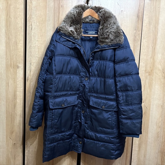 Lands' End Plus Sz 2X 20W- 22W Navy Blue Down Coat Faux Fur Collar Warm - Picture 13 of 13